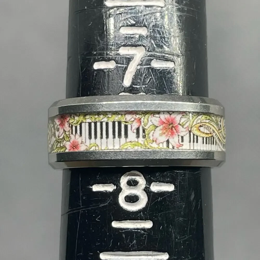 Music Lover Floral Keyboard Piano Treble Clef Stainless Steel Band Ring Size 7.5